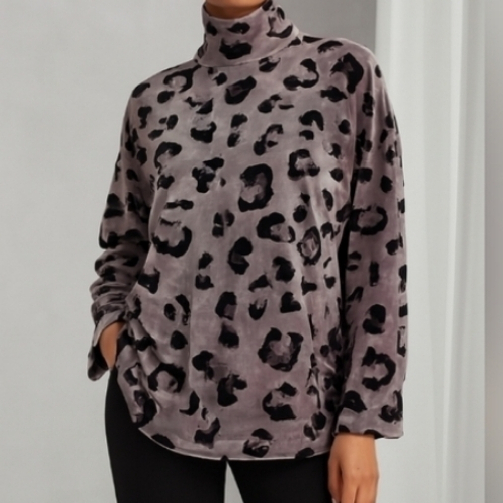 Carole Hochman Velour Animal Print High NeckTunic Top Lilac Brown Medium